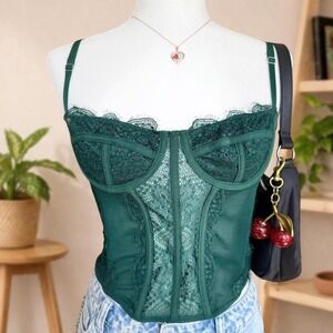Dark green lace corset top mesh bustier y2k coquette vintage lingerie